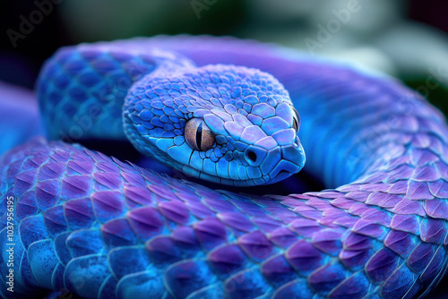 Blue snake with tongue flickering, poised in striking position in tropical rainforest.