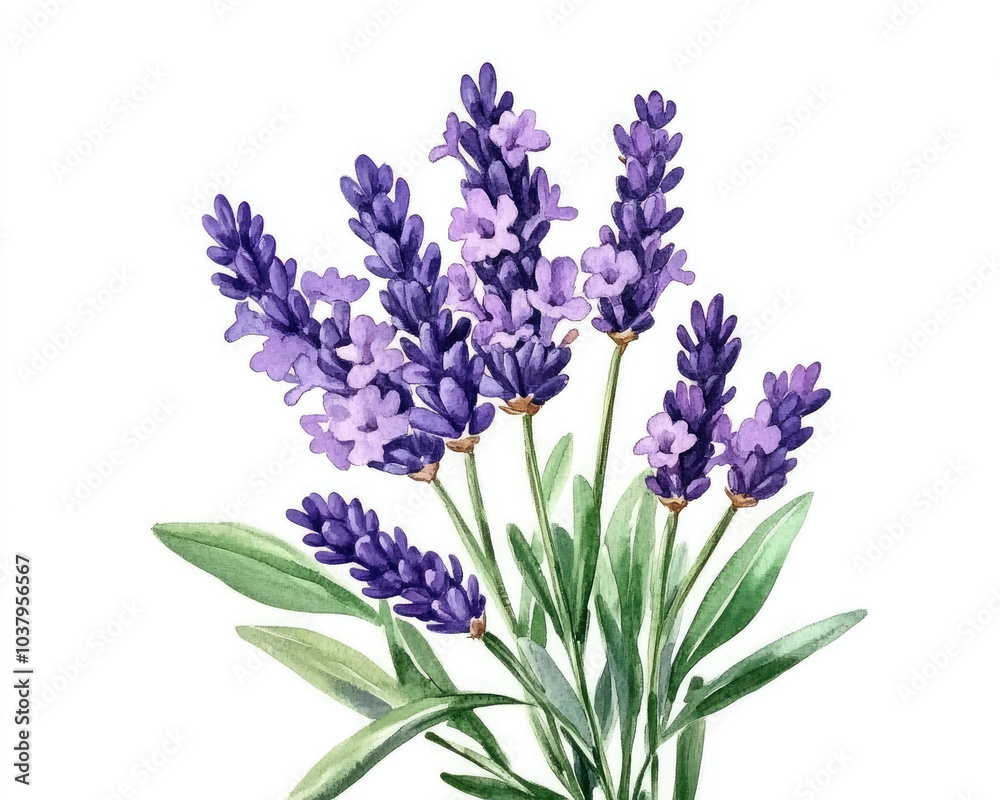 Obraz premium Beautiful watercolor illustration of lavender flowers, showcasing vibrant purple blooms and lush green leaves.