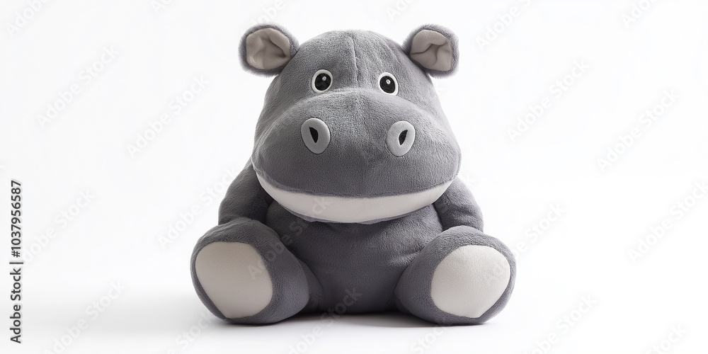 Grey plush hippo toy sitting on white background Grey plush hippo toy sitting on white background