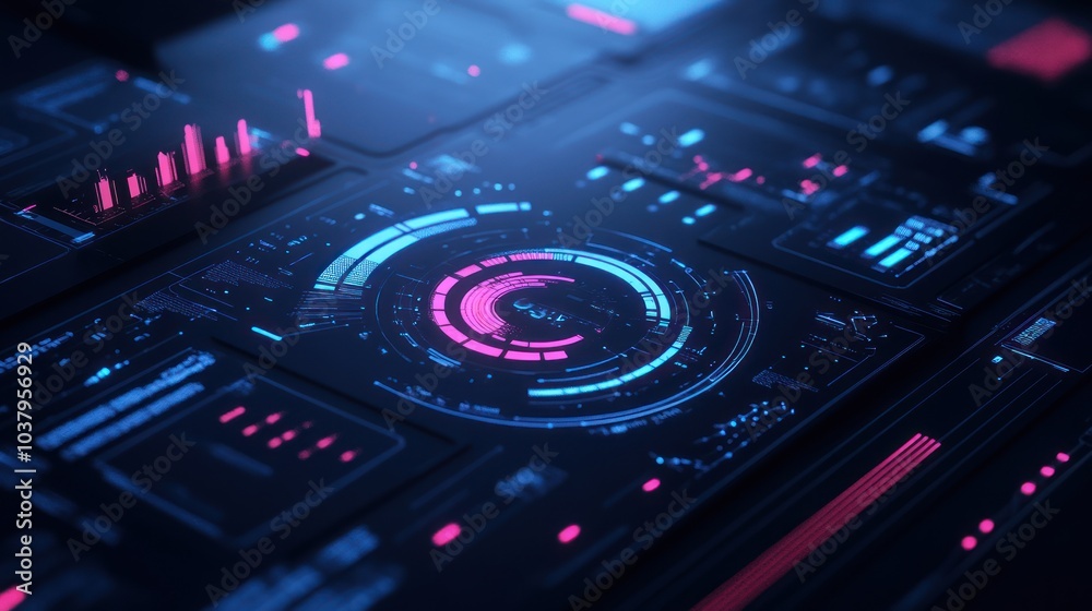 Obraz premium Futuristic digital interface with graphs and data visualizations in vibrant colors.