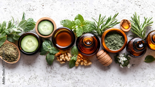 Close-up view of various herbs in a row photo