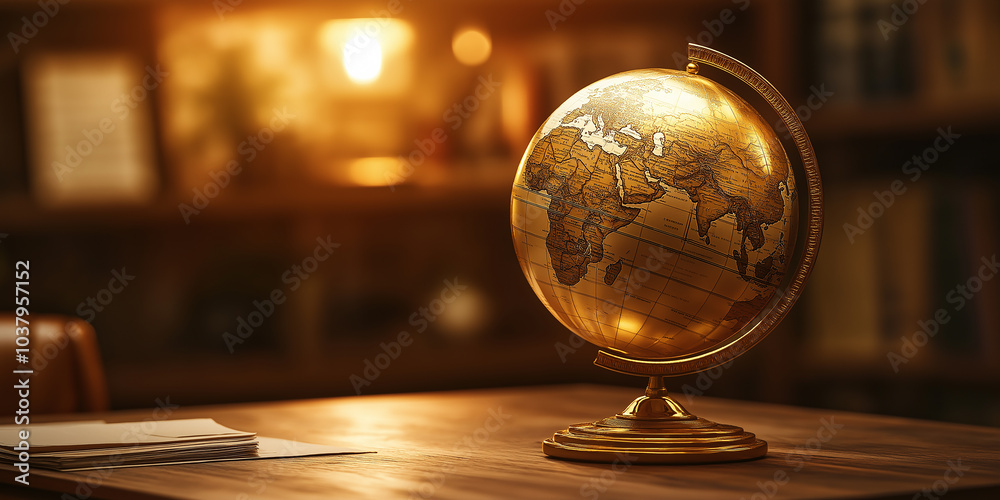 Antique globe sitting on desk in warmly lit study room Antique globe sitting on desk in warmly lit study room