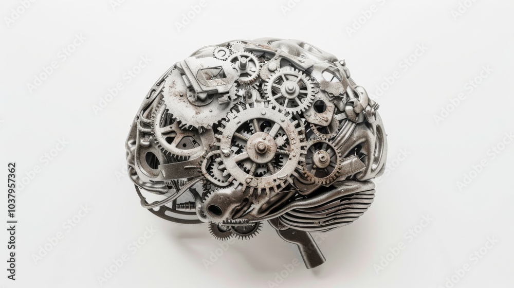 a human brain, intertwined with gears and machinery a human brain, intertwined with gears and machinery