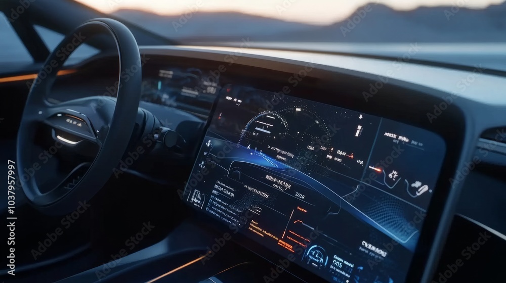 Obraz premium A futuristic car dashboard powered by AI, showing real-time data and machine learning predictions.