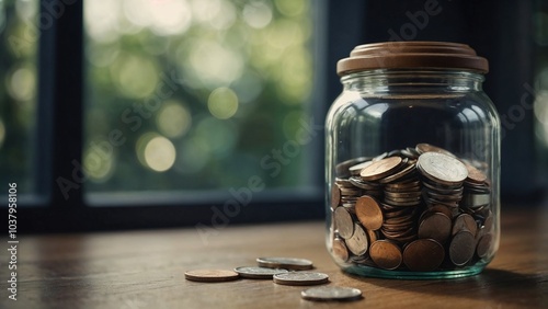 Glass jar with coins on table