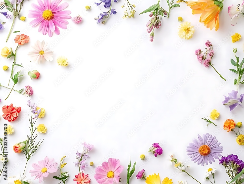Naklejka premium Frame made of colorful flowers on white background. Flat lay, top view