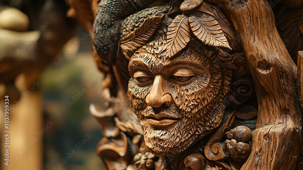 A nature-inspired sculpture in an art gallery features elaborate carvings that embody the spirit of the natural world. A nature-inspired sculpture in an art gallery features elaborate carvings that embody the spirit of the natural world.