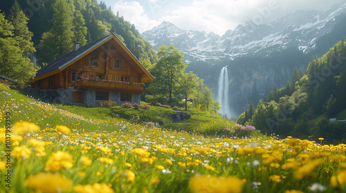 landscape beautiful huts in the meadow and flower, waterfall in the mountains
