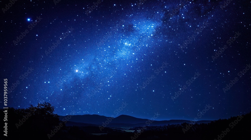A breathtaking night sky filled with countless stars, each twinkling brightly against the deep blue backdrop of the universe. The Milky Way stretches across the horizon A breathtaking night sky filled with countless stars, each twinkling brightly against the deep blue backdrop of the universe. The Milky Way stretches across the horizon