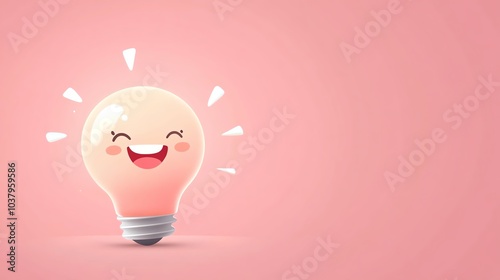 Cute and happy light bulb character with a smiling face on a pink background. photo