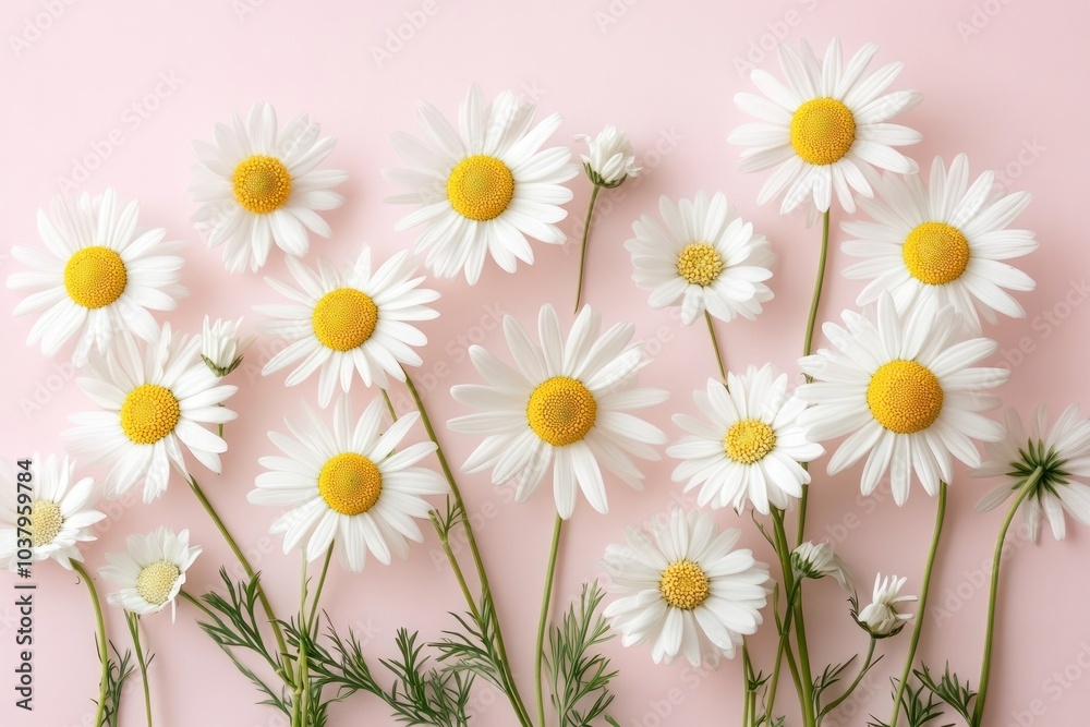 A charming flat lay of white daisy chamomile flowers arranged artistically on a gentle pale pink background A charming flat lay of white daisy chamomile flowers arranged artistically on a gentle pale pink background