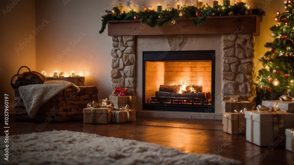 Cozy Room with a Fireplace, Festive Decorations, and a Christmas Tree Cozy Room with a Fireplace, Festive Decorations, and a Christmas Tree