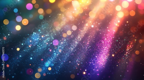 A vibrant, colorful abstract background with shimmering lights and bokeh effects.