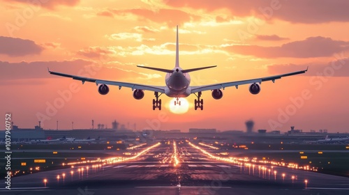 Airplane landing at sunset on a runway, showcasing travel and aviation.