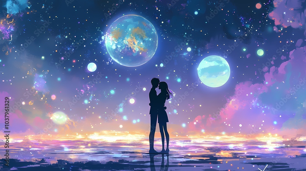 Naklejka premium A romantic couple silhouetted against a cosmic backdrop.