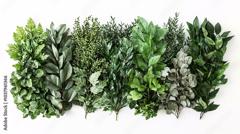 Obraz premium An artistic arrangement of lush green leaves on a white backdrop highlights the diverse textures and forms found in nature's artistry.
