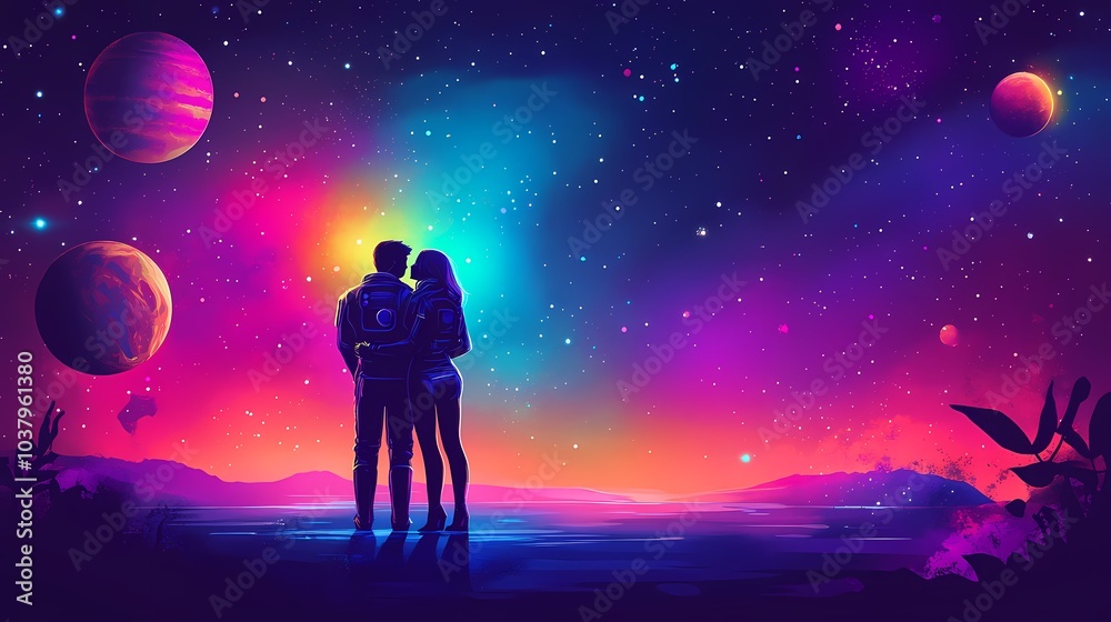 Fototapeta premium A couple gazes at the cosmic beauty in a vibrant, otherworldly scene.