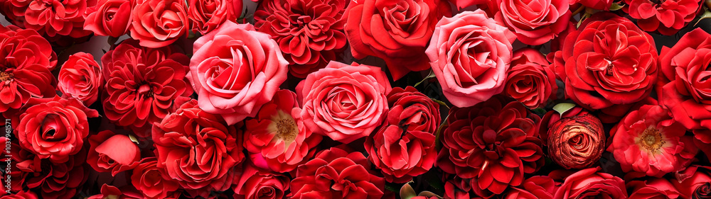 Flat background with lush bouquet of red roses in full bloom. Banner or header
Flat background with lush bouquet of red roses in full bloom. Banner or header