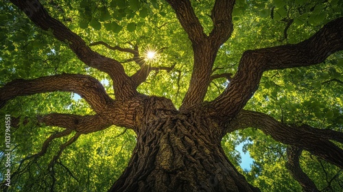 A picturesque viewpoint looking up at a dense tree canopy, where the interlacing branches and bright green leaves form a natural ceiling. The sunlight pierces through in beams