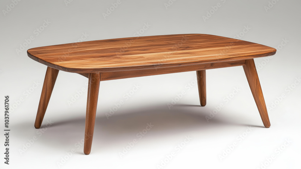 A wooden mid-century modern coffee table with a smooth finish and angled legs, showcasing minimalist design and natural wood texture. A wooden mid-century modern coffee table with a smooth finish and angled legs, showcasing minimalist design and natural wood texture.