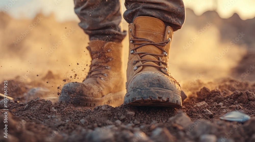 A close-up of a construction worker boots firmly planted in the dust, with tools scattered around, and the background softly blurred to allow for generous copy space