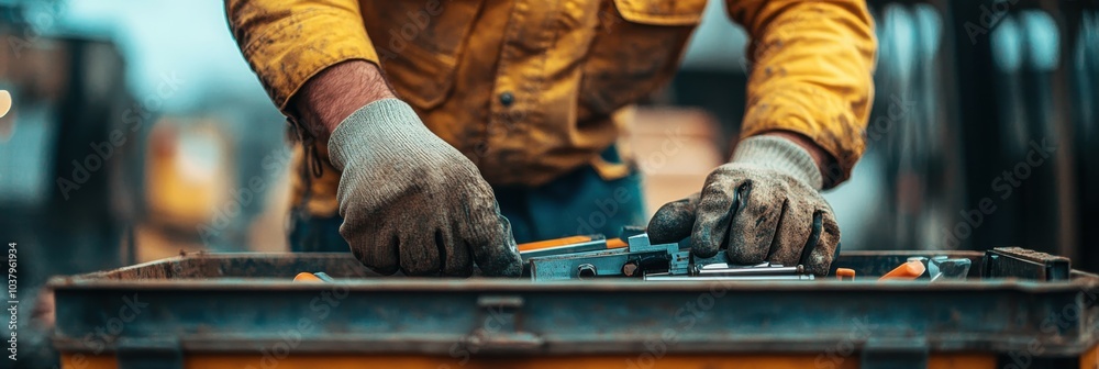 A close-up shot of a repairman hand reaching into a toolbox, the detail of the tools and hand highlighted, with ample copy space in the softly focused background of the construction site A close-up shot of a repairman hand reaching into a toolbox, the detail of the tools and hand highlighted, with ample copy space in the softly focused background of the construction site