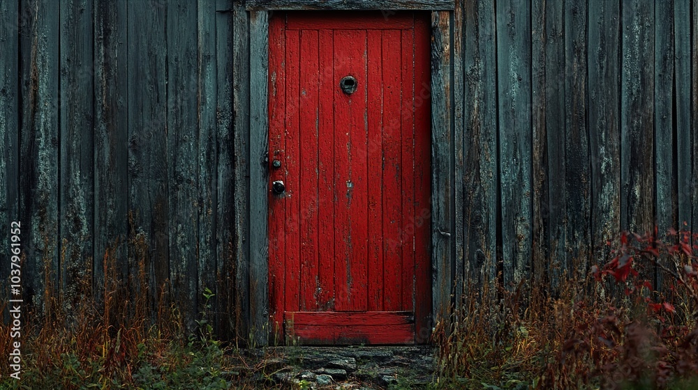 A weathered red door on a rustic wooden building A weathered red door on a rustic wooden building