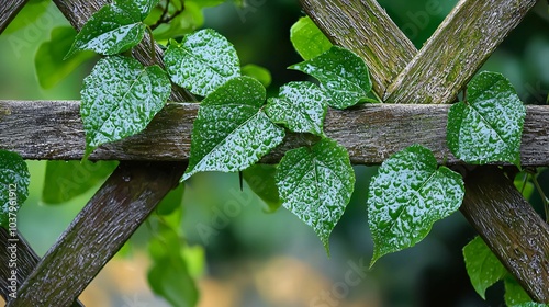 Lush green leaves entwine gracefully around a wooden trellis, highlighting their vibrant hue and intricate texture in a serene garden scene.