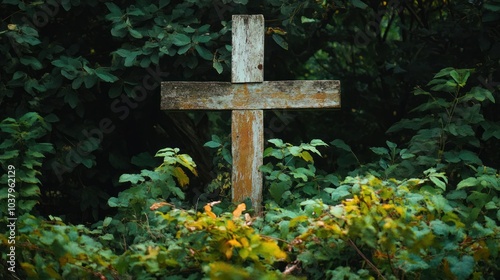 Wooden Cross in Lush Foliage