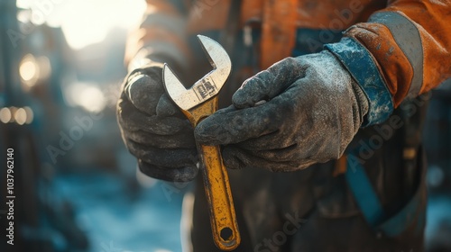 A close-up of a repairman gloved hands gripping a wrench, the tool glinting in the sunlight as he works, with the blurred construction site in the background offering ample copy space