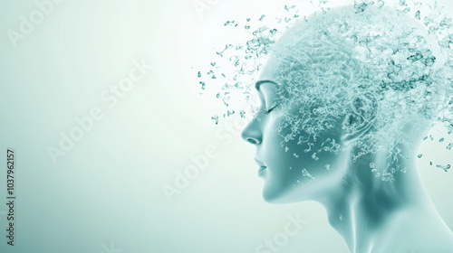 A side profile of a human head dissolving into particles, symbolizing thoughts, creativity, and the merging of technology with human consciousness in a digital realm.