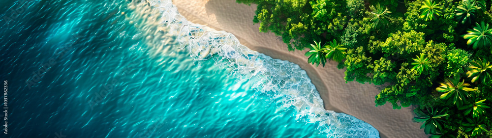 Naklejka premium Tropical beach with turquoise water and lush green palm trees from above. Banner or header 