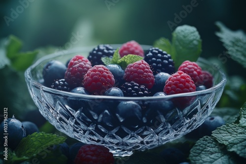 A delicious bowl of fresh berries sits elegantly on a table. The vibrant colors of blueberries, raspberries, and blackberries shine brightly. Perfect for healthy desserts. Generative AI