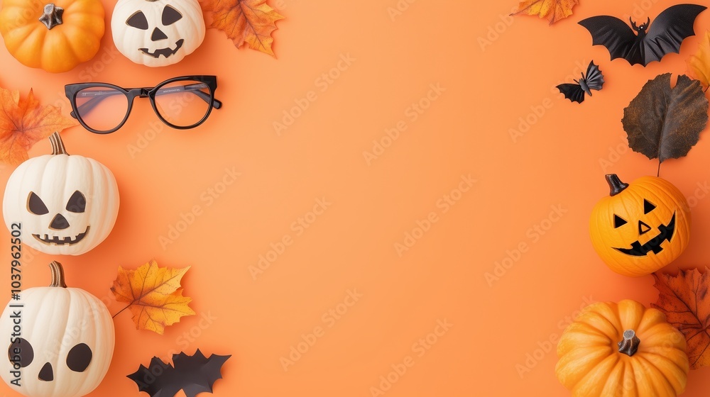 A creative Halloween flat lay featuring white and orange pumpkins with jack-o'-lantern faces, black bats, autumn leaves, and stylish glasses, all arranged on a vibrant orange background A creative Halloween flat lay featuring white and orange pumpkins with jack-o'-lantern faces, black bats, autumn leaves, and stylish glasses, all arranged on a vibrant orange background