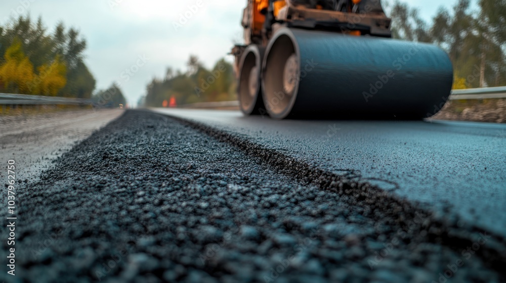 A road roller compacts asphalt on a newly paved road, showcasing construction activity. A road roller compacts asphalt on a newly paved road, showcasing construction activity.