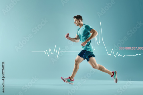 A man in athletic attire runs energetically, with a heartbeat line graphic in the background, representing fitness and cardiovascular health.