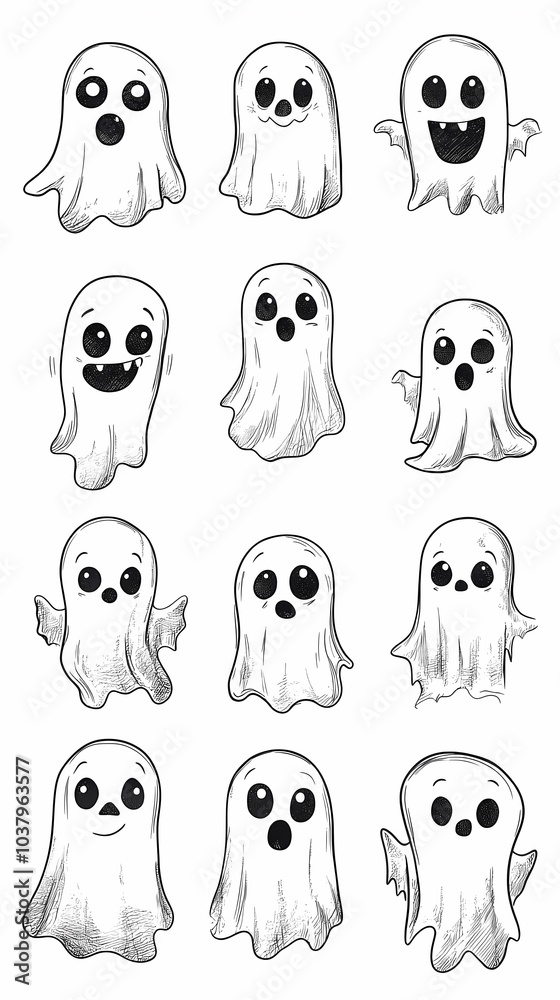 Fototapeta premium A collection of whimsical ghost illustrations in various expressions and poses.