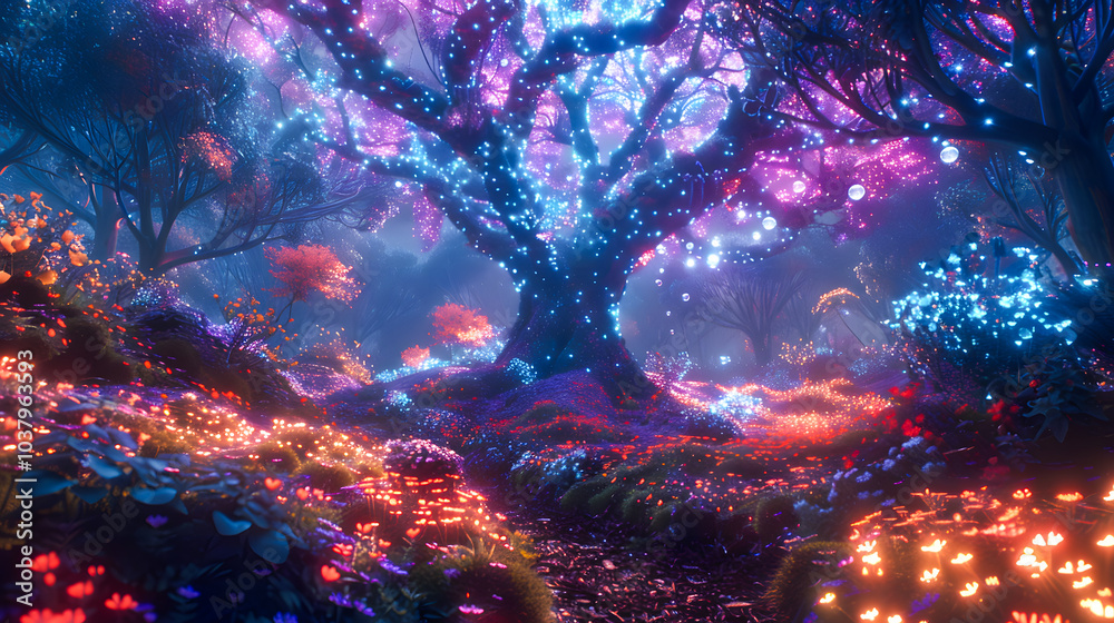 Obraz premium A forest where trees are made of crystal, their branches sparkling with an otherworldly light.
