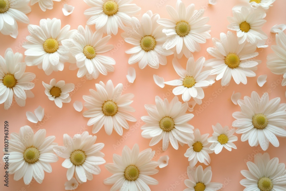 An elegant display of fresh white daisy chamomile flowers on a soft pale pink background, radiating a sense of tranquility and the joys of spring and summer seasons. An elegant display of fresh white daisy chamomile flowers on a soft pale pink background, radiating a sense of tranquility and the joys of spring and summer seasons.