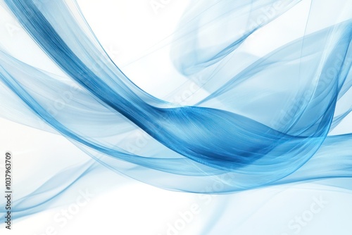 An abstract representation of movement with flowing blue lines that resemble digital waves, set against a light, ethereal background. The design incorporates soft light effects