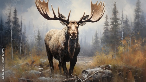 Oil painting depicting a moose a wildlife species known for its impressive antlers and large size 