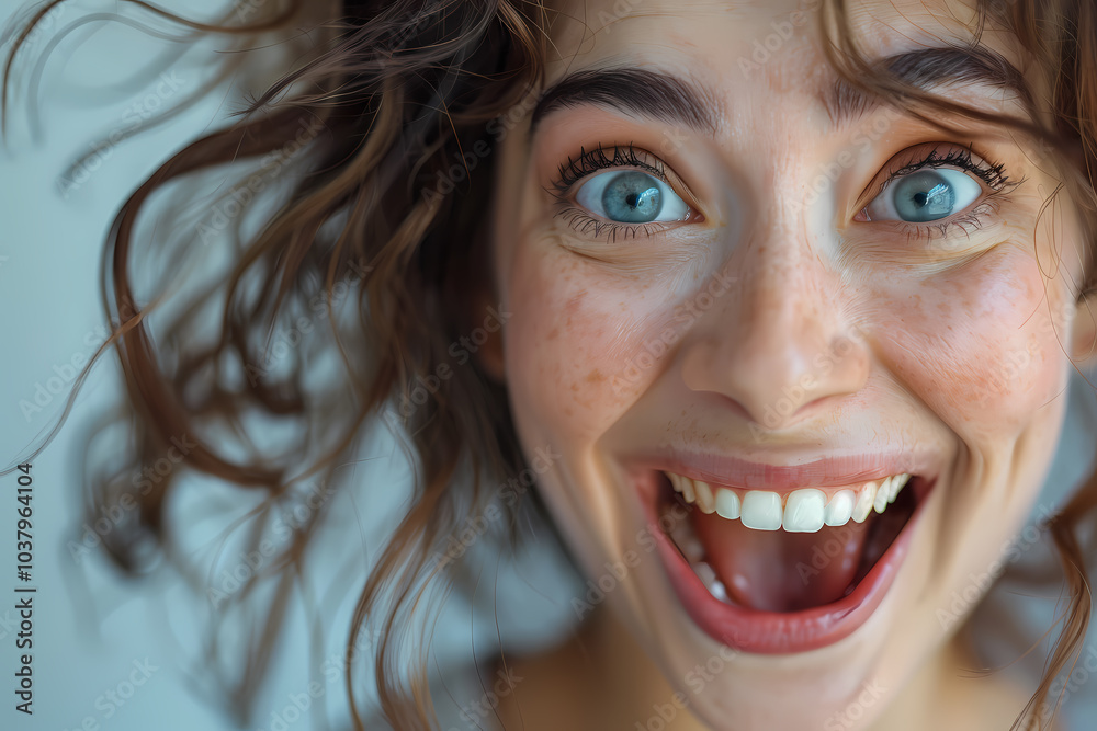 A joyful young woman with curly hair expresses excitement, showcasing her bright blue eyes and big smile against a soft background. A joyful young woman with curly hair expresses excitement, showcasing her bright blue eyes and big smile against a soft background.