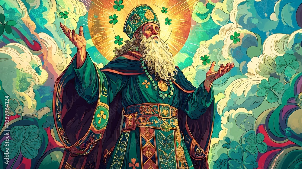 Fototapeta premium A vibrant illustration of Saint Patrick celebrates Irish heritage, featuring shamrocks and a lively, festive ambiance.