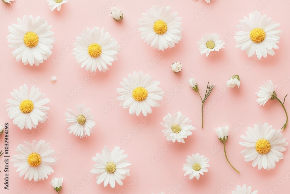 Close-up view of vibrant white daisy chamomile flowers with golden centers, set against a subtle pale pink backdrop, capturing the essence of spring and a creative lifestyle aesthetic. Close-up view of vibrant white daisy chamomile flowers with golden centers, set against a subtle pale pink backdrop, capturing the essence of spring and a creative lifestyle aesthetic.
