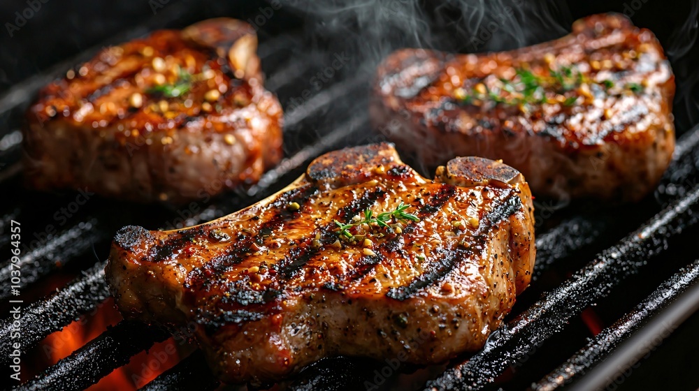 Juicy pork chops sizzle on the grill, their savory aroma mingling with fragrant smoke that tantalizes the senses. Juicy pork chops sizzle on the grill, their savory aroma mingling with fragrant smoke that tantalizes the senses.