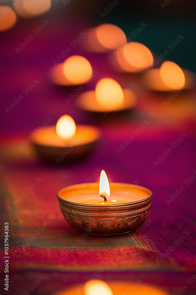 Close-Up of a Glowing Indian Oil Lamp Surrounded by Lit Candles on Richly Colored Fabrics, Creating a Serene and Tranquil Atmosphere for Prayer or Meditation, Evoking Spiritual Connection and Peace Close-Up of a Glowing Indian Oil Lamp Surrounded by Lit Candles on Richly Colored Fabrics, Creating a Serene and Tranquil Atmosphere for Prayer or Meditation, Evoking Spiritual Connection and Peace