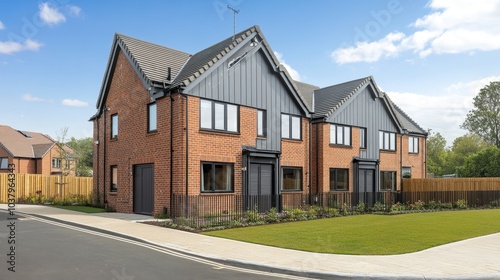 Wallpaper Mural Modern brick townhouses with landscaped surroundings in a residential area. Torontodigital.ca