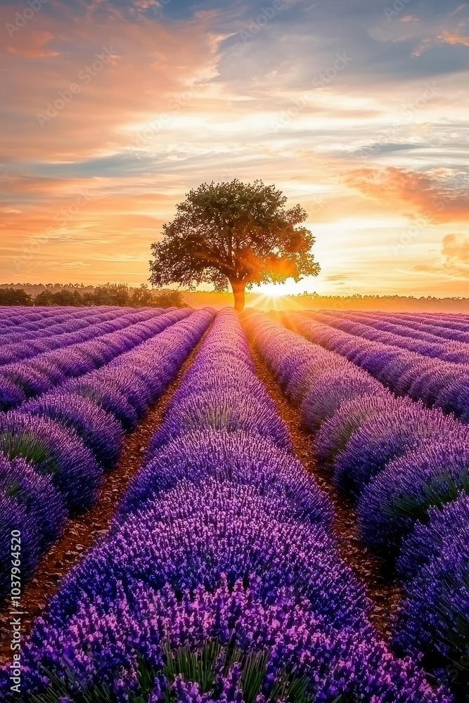 Fototapeta premium Serene Lavender Field at Sunset with Lone Tree