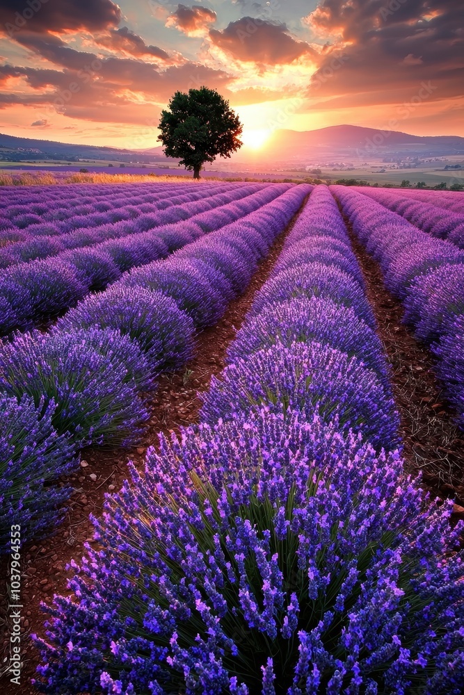 Obraz premium Serene Lavender Fields at Sunset with Lone Tree