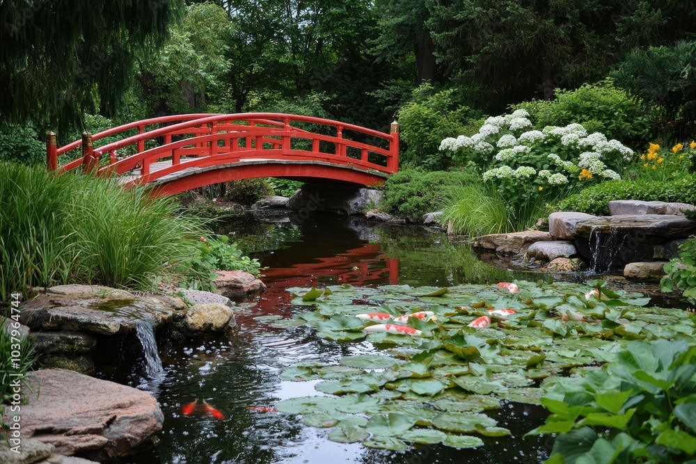 Serene Japanese Garden with Koi Pond and Bridge Serene Japanese Garden with Koi Pond and Bridge
